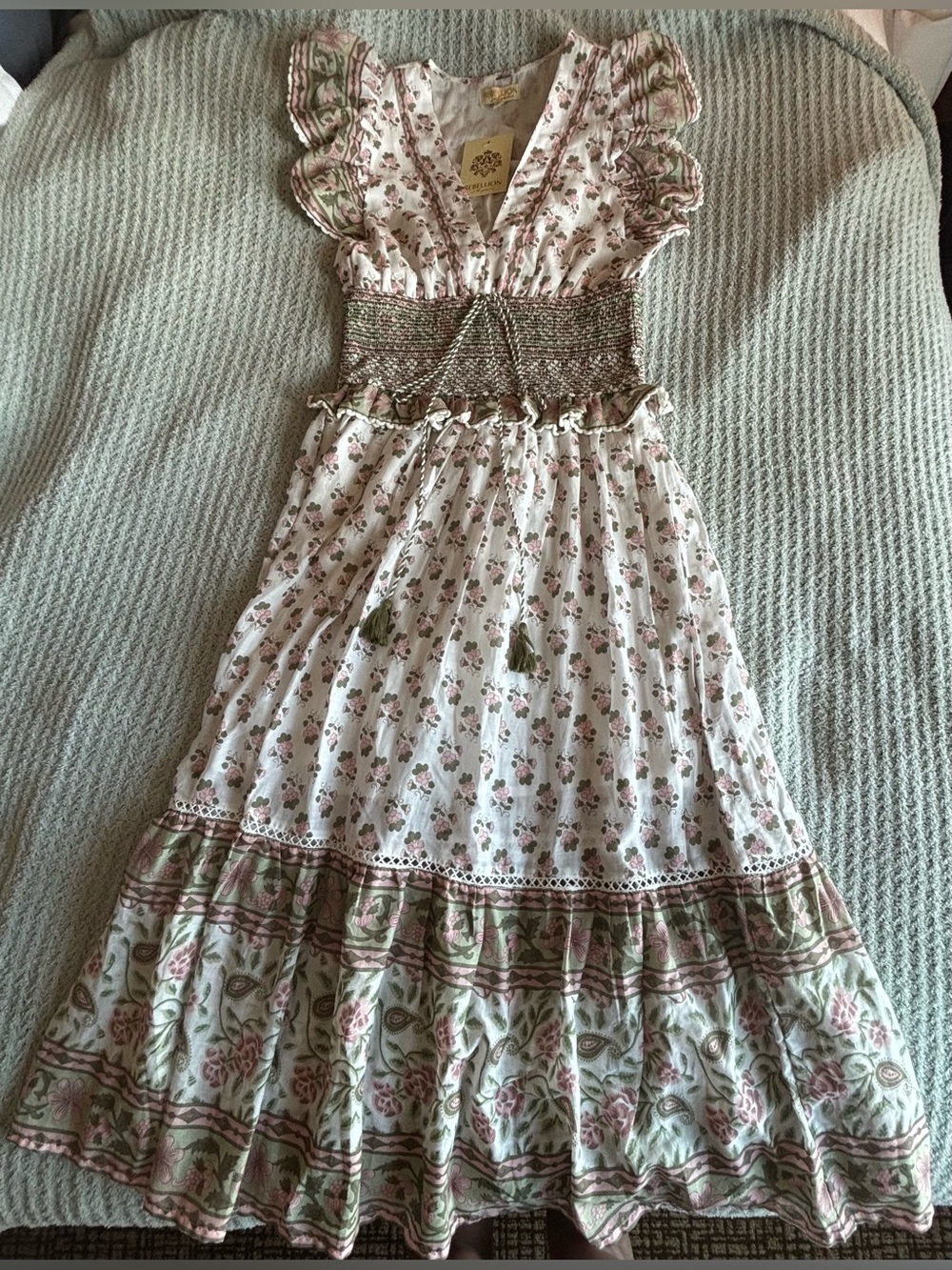Rebellion Cream Floral Smocked Maxi Dress with Pink and Green Details